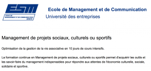 Image FORMATION INTENSIVE EN MANAGEMENT DE PROJETS SOCIAUX, CULTURELS OU SPORTIFS Image FORMATION INTENSIVE EN MANAGEMENT DE PROJETS SOCIAUX, CULTURELS OU SPORTIFS